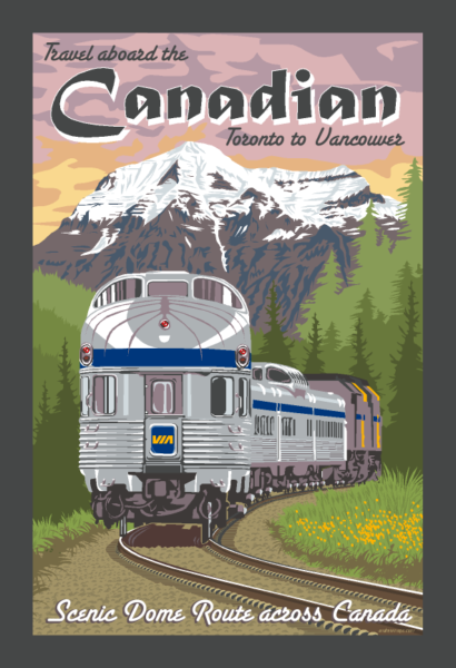 A retro style poster of The Canadian train travelling through the rocky mountains en route form Toronto to Vancouver