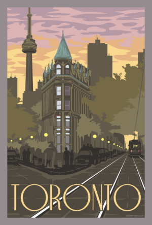 A retro style poster highlights the Toronto flatiron building, streetcar tracks and skyline at sunset