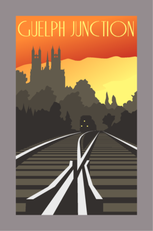 A retro poster of the Guelph Junction railway in the western neighbourhood of Guelph