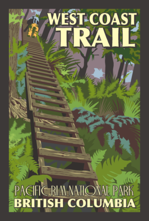 A retro-style print of a hiker going up a ladder on the West Coast Trail on Vancouver Island, Canada.